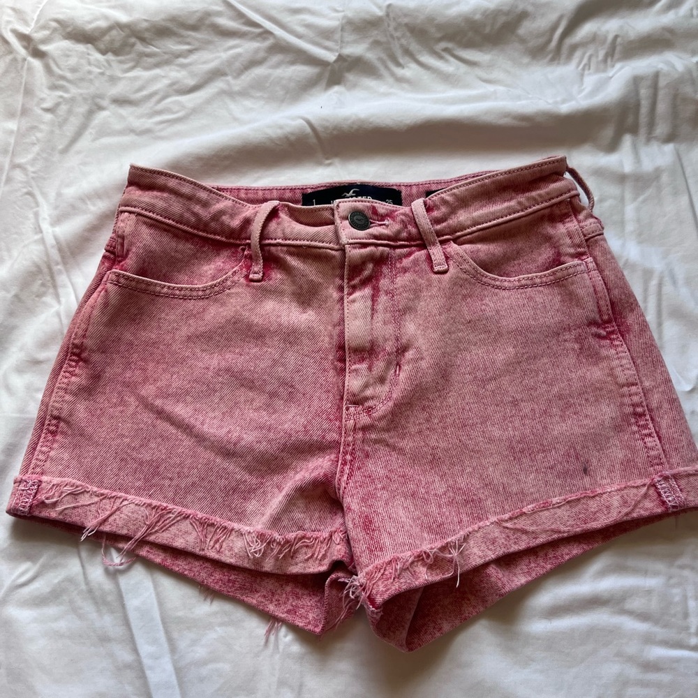 Red acid wash denim shorts